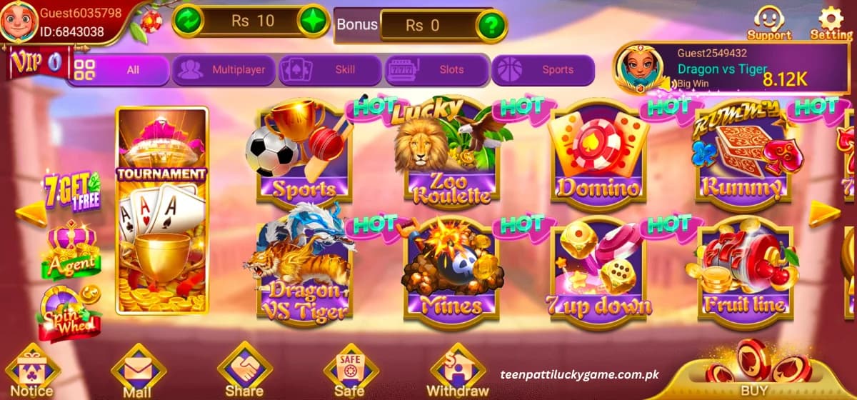 Teen Patti Lucky game lobby showing Teen Patti, Rummy, Dragon vs Tiger and more