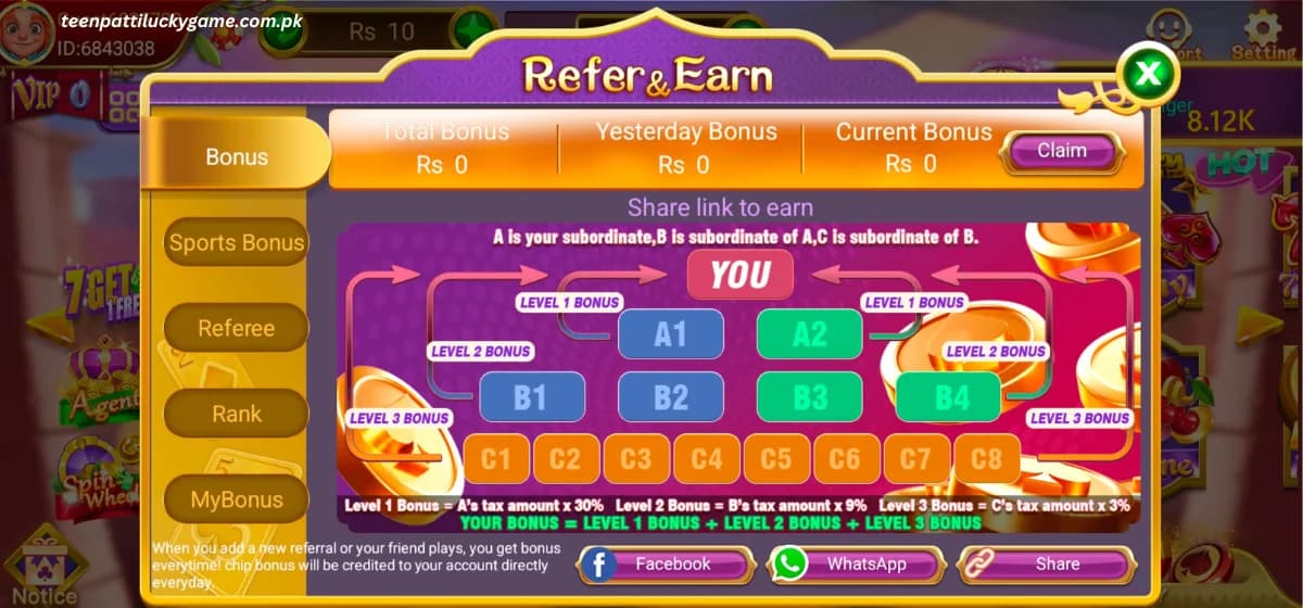 Teen Patti Lucky share and earn referral bonus